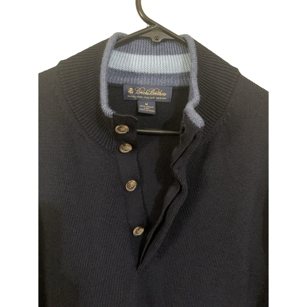 Brooks Brothers Extra Fine Italian Merino Wool Sweater Navy 1/4 Button Up Mens M - Picture 2 of 16
